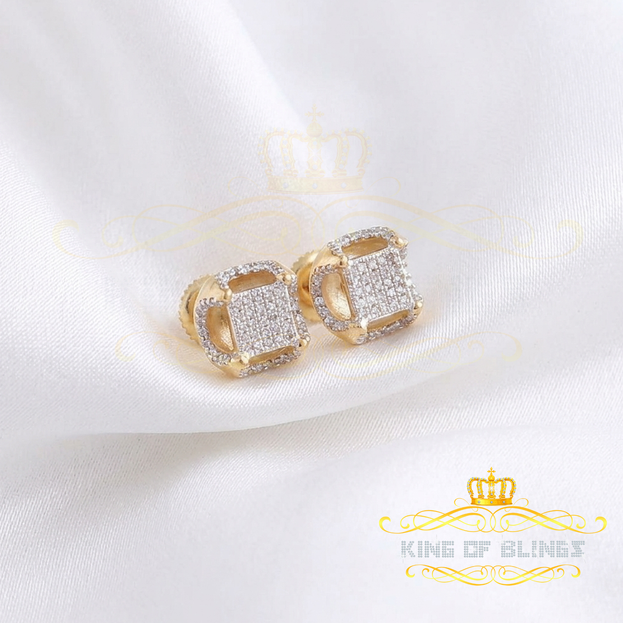 King of Blings-925 Silver Yellow Real Diamond 3D Micro Pave Cushion Crown Cluster Stud Earring
