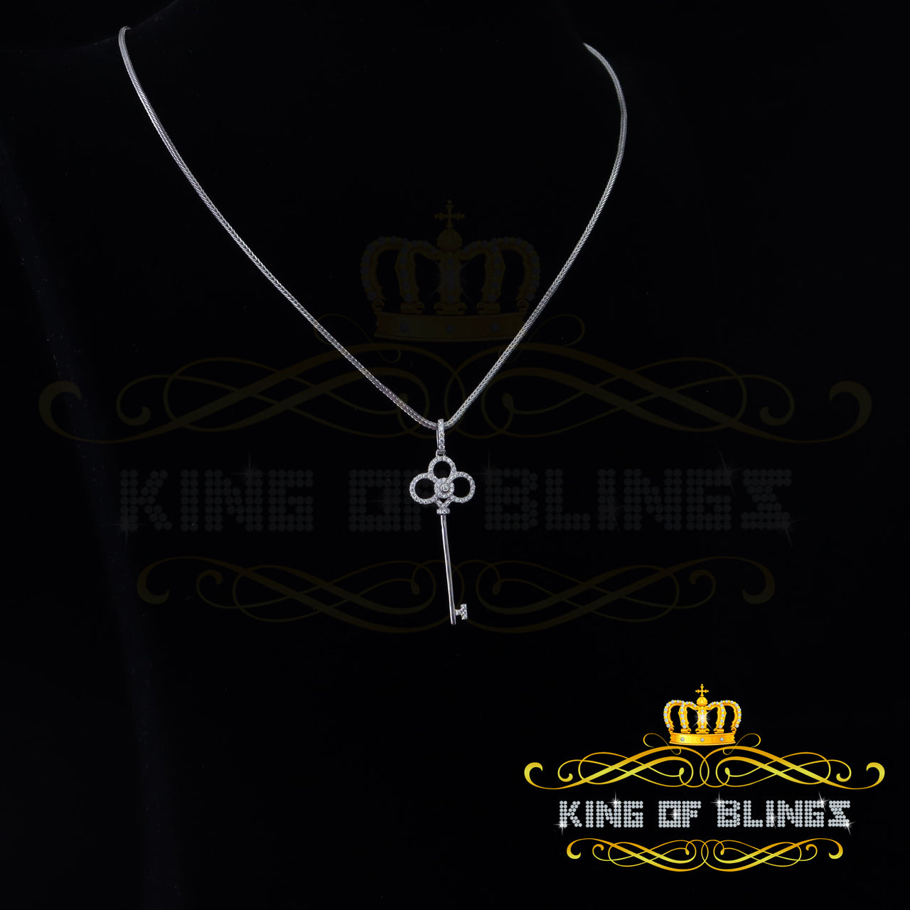 King Of Bling's 925 White Sterling Silver Charm Key Shape Pendant with 0.71ct Cubic Zirconia