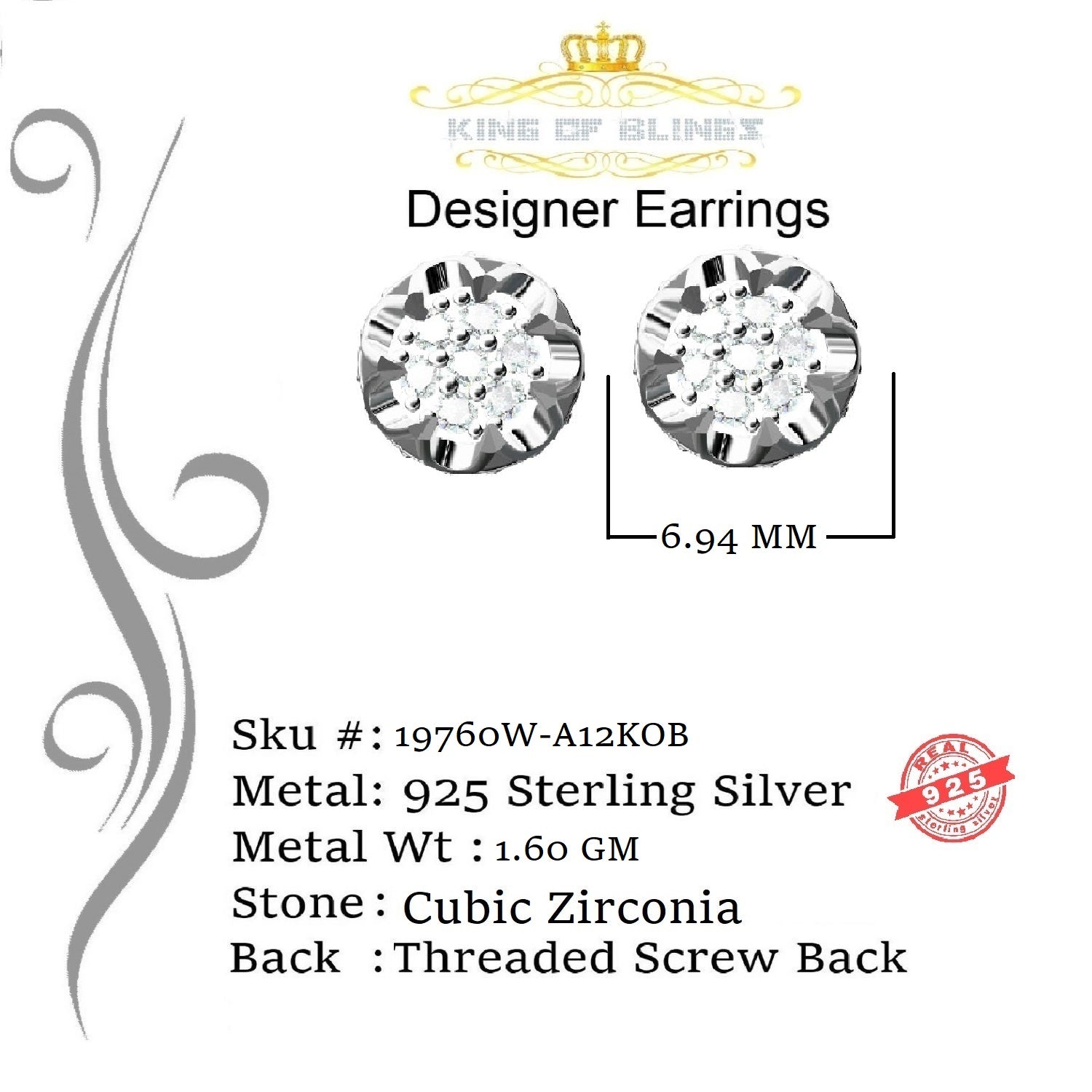 King of Blings- 925 White Silver Sterling 0.36ct Cubic Zirconia Hip Hop Floral Women's Earrings KING OF BLINGS