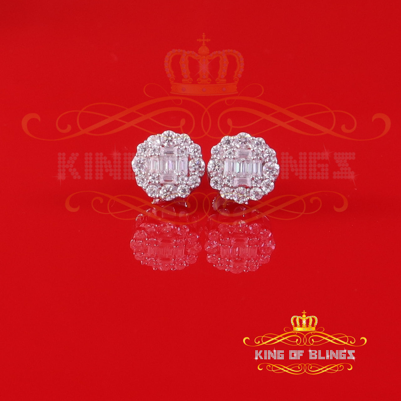 King of Blings Men's/Women Silver White 1.0ct VVS 'D' Moissanite Floral Baguette Earrings KING OF BLINGS