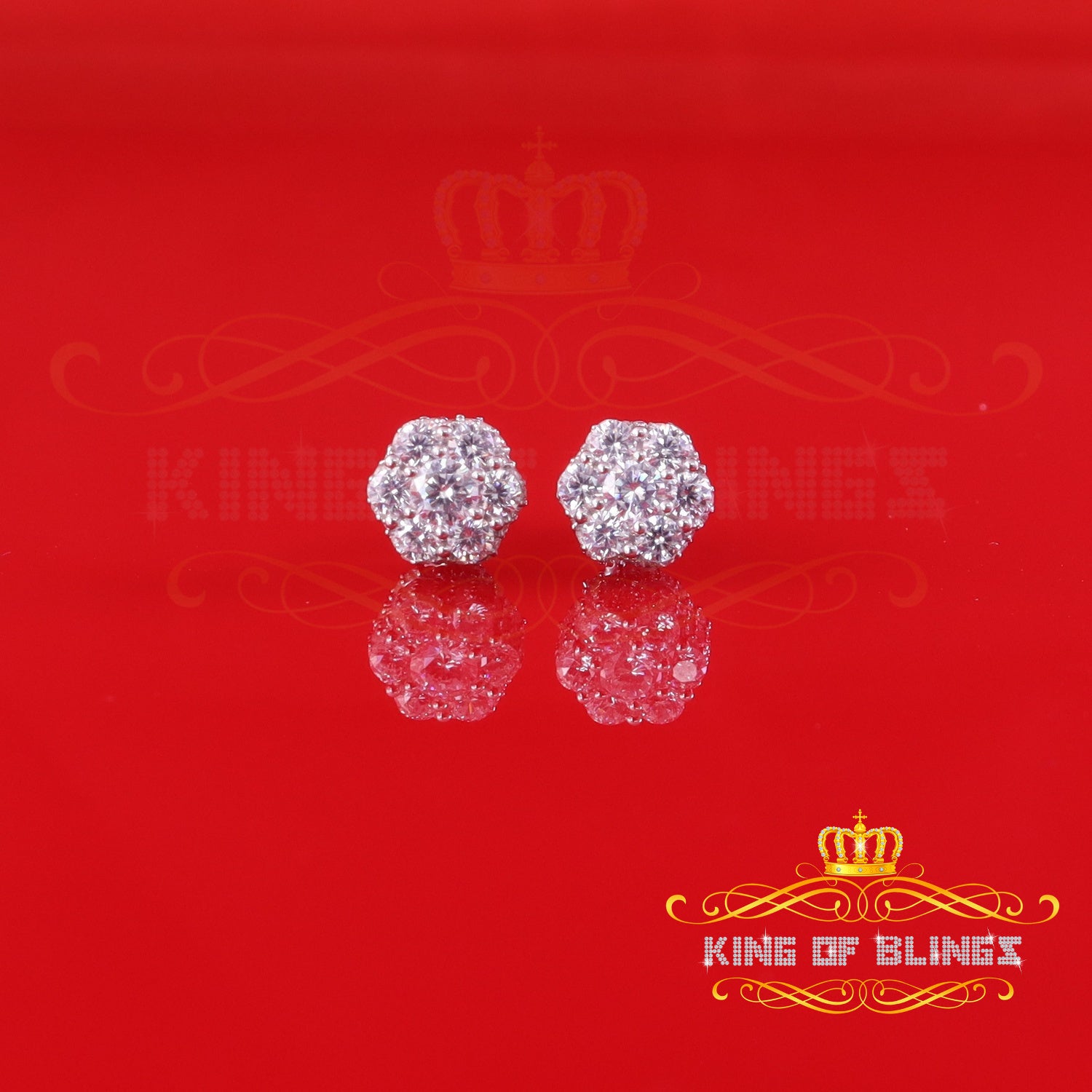 King of Blings- 1.50ct Cubic Zirconia 925 White Silver Sterling Hip Hop Floral Women's Earrings KING OF BLINGS
