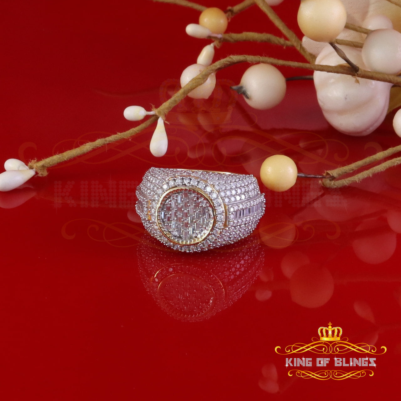 King of Bling's Sterling Yellow Silver 5.50ct Buguette VVS 'D' Moissanite Round Men's Ring SZ 10 King of Blings