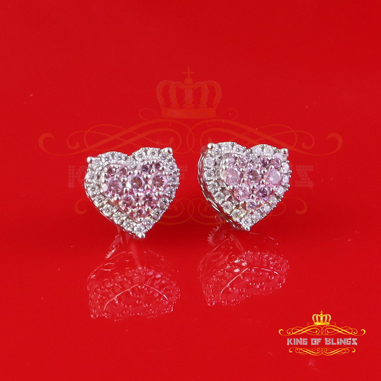 King of Bling's New Men's/Women's 1.66 ct VVS D Pink Moissanite 925 Silver White Heart Earrings