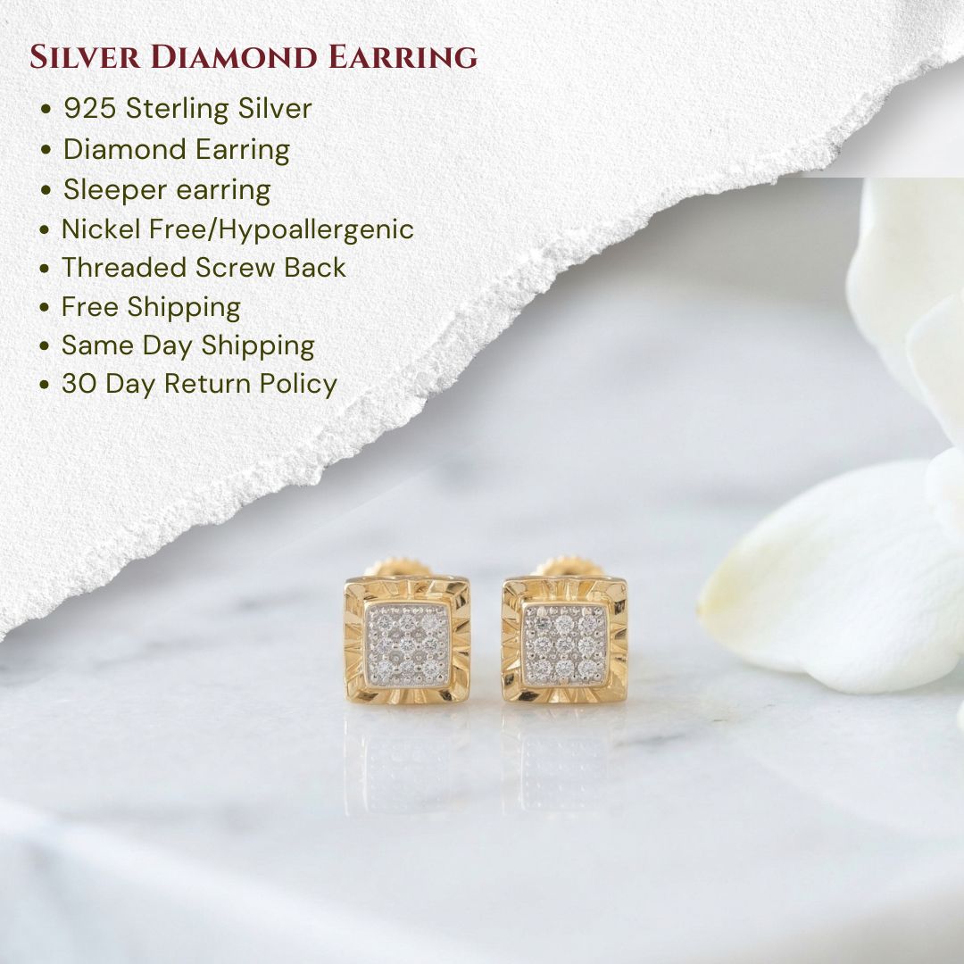 King of Blings-0.05ct Diamond For Yellow 925 Sterling Silver Men's & Women's Square Earrings