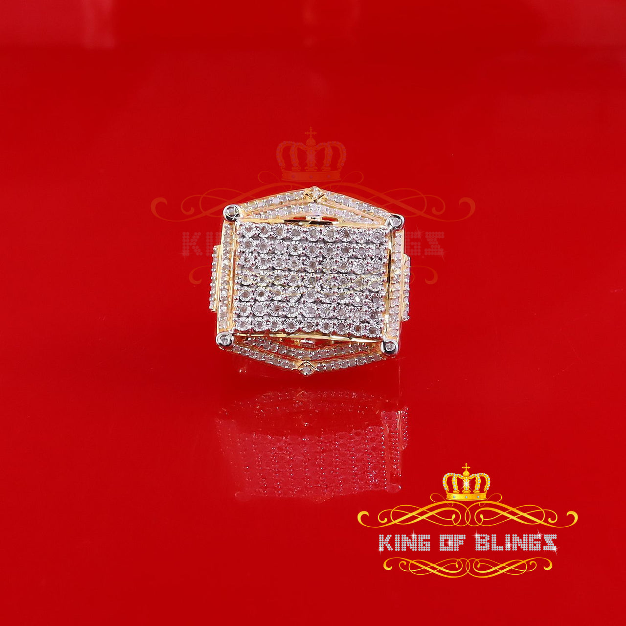 King Of Bling's 0.66ct Men's Real Diamond 925 Yellow Silver Big Mirage Set Square Rings Size 10