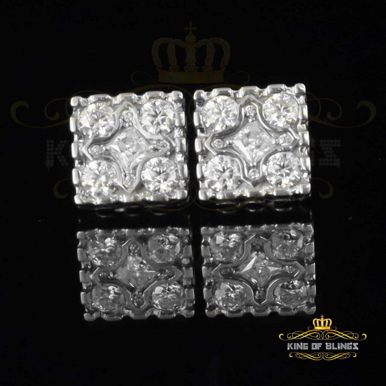 King of Bling's White Silver 1.00ct VVS 'D' Moissanite Square Plus Earring Men's/Womens KING OF BLINGS