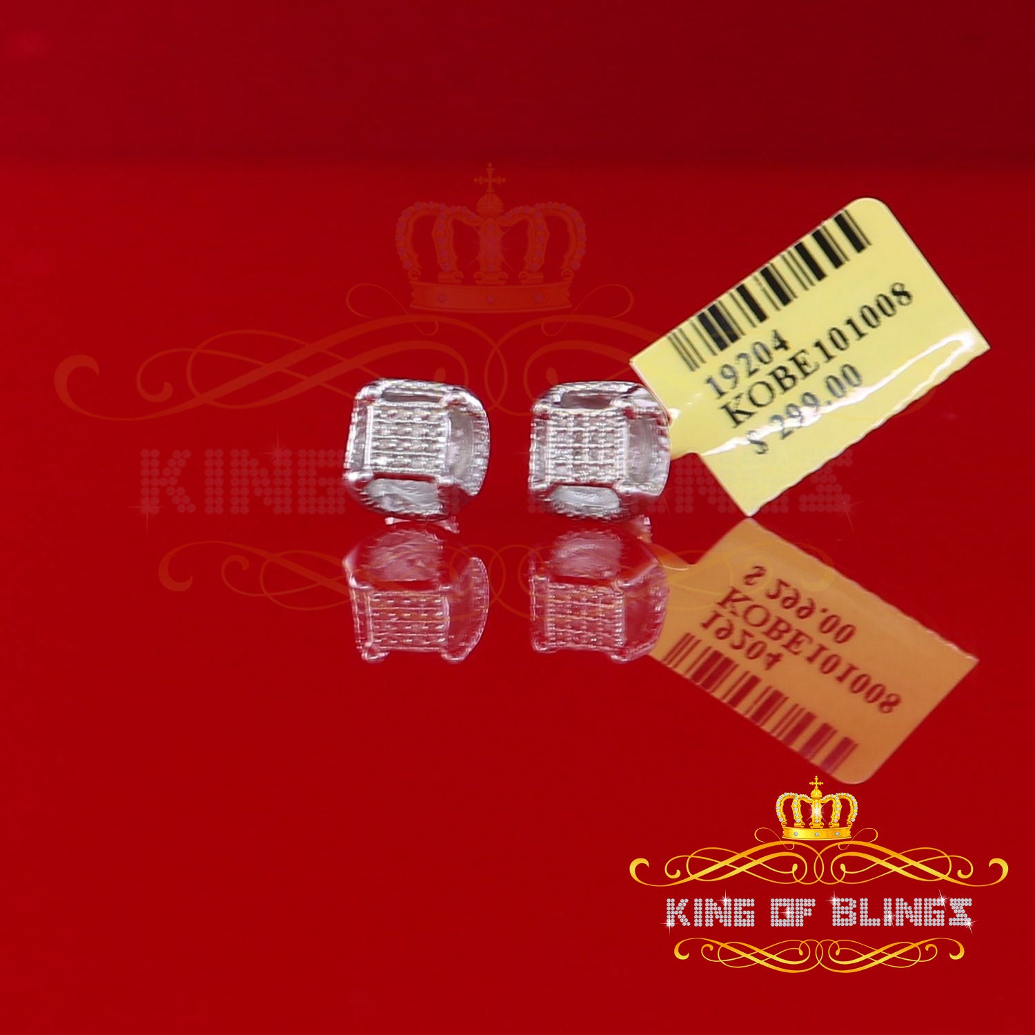 King Of Bling's 0.10 ct Real Diamond 3D Puff Cushion Square Crown White 925 Silver Stud Earrings KING OF BLINGS