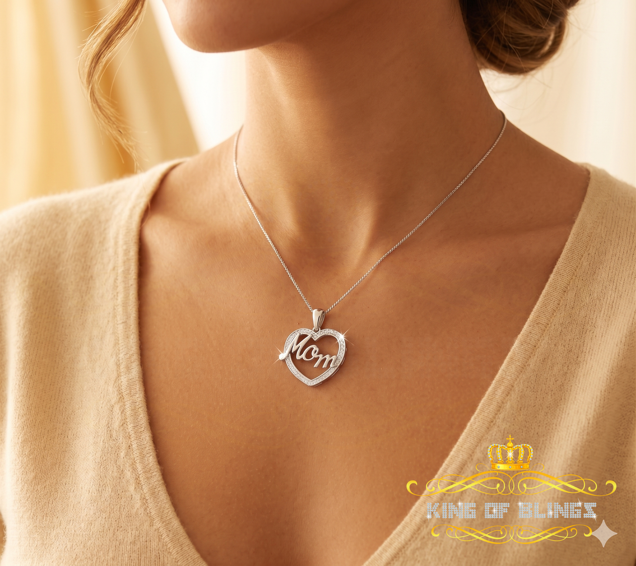 King Of Bling's Sterling Silver White Real 0.10CT Diamond HEART MOM'S Charm Necklace Pendant