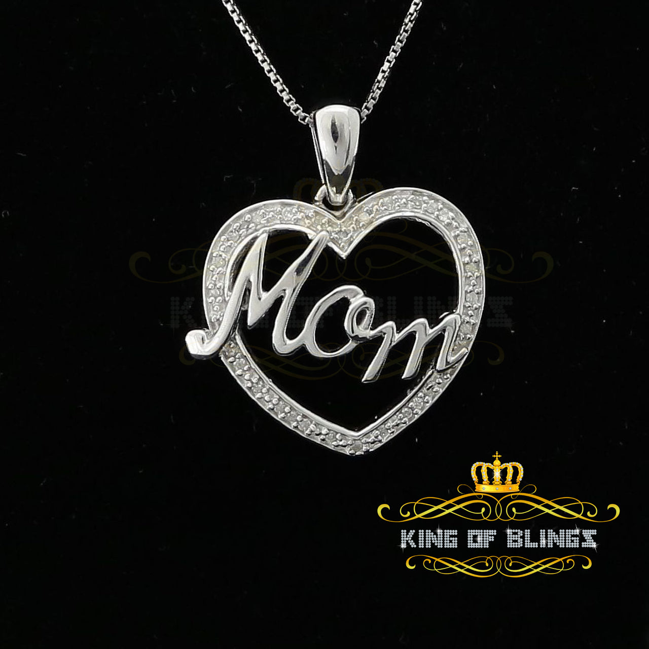 King Of Bling's Sterling Silver White Real 0.10CT Diamond HEART MOM'S Charm Necklace Pendant