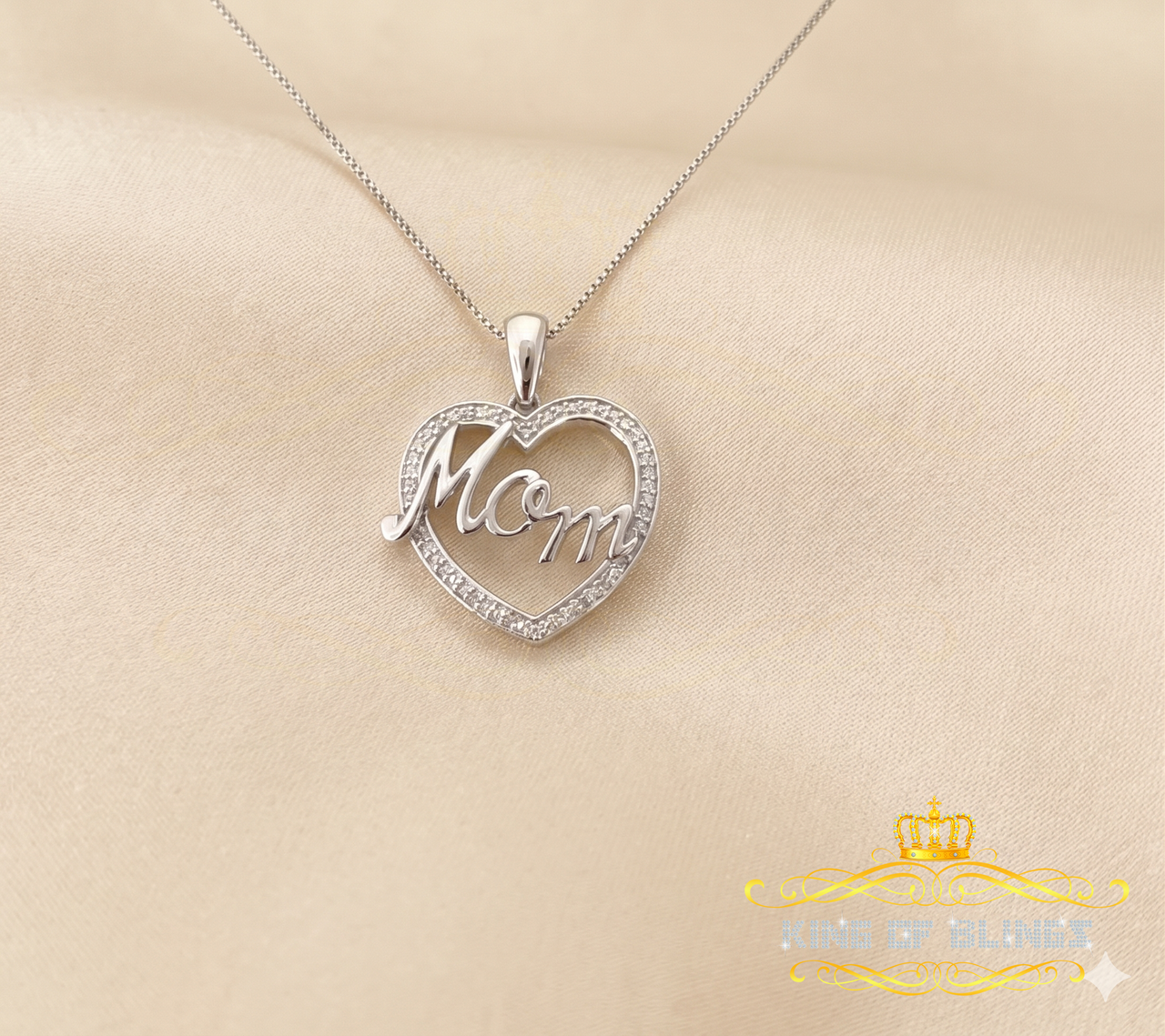 King Of Bling's Sterling Silver White Real 0.10CT Diamond HEART MOM'S Charm Necklace Pendant