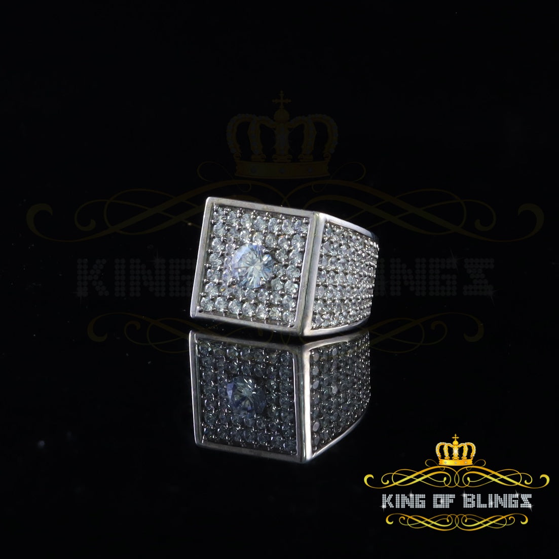 King Of Bling's19.00ct Cubic Zirconia White Silver Square Men's Adjustable Ring From SZ 9 to 11