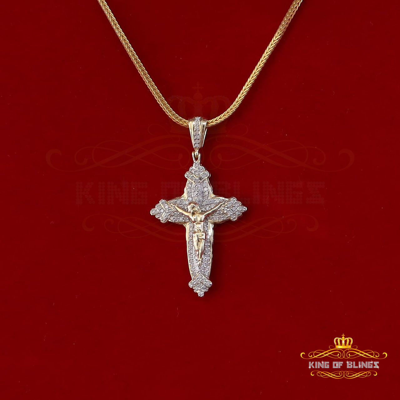 King Of Bling's Real 0.33ct Diamond Sterling Silver JESUS CROSS Charm Necklace Yellow Pendant