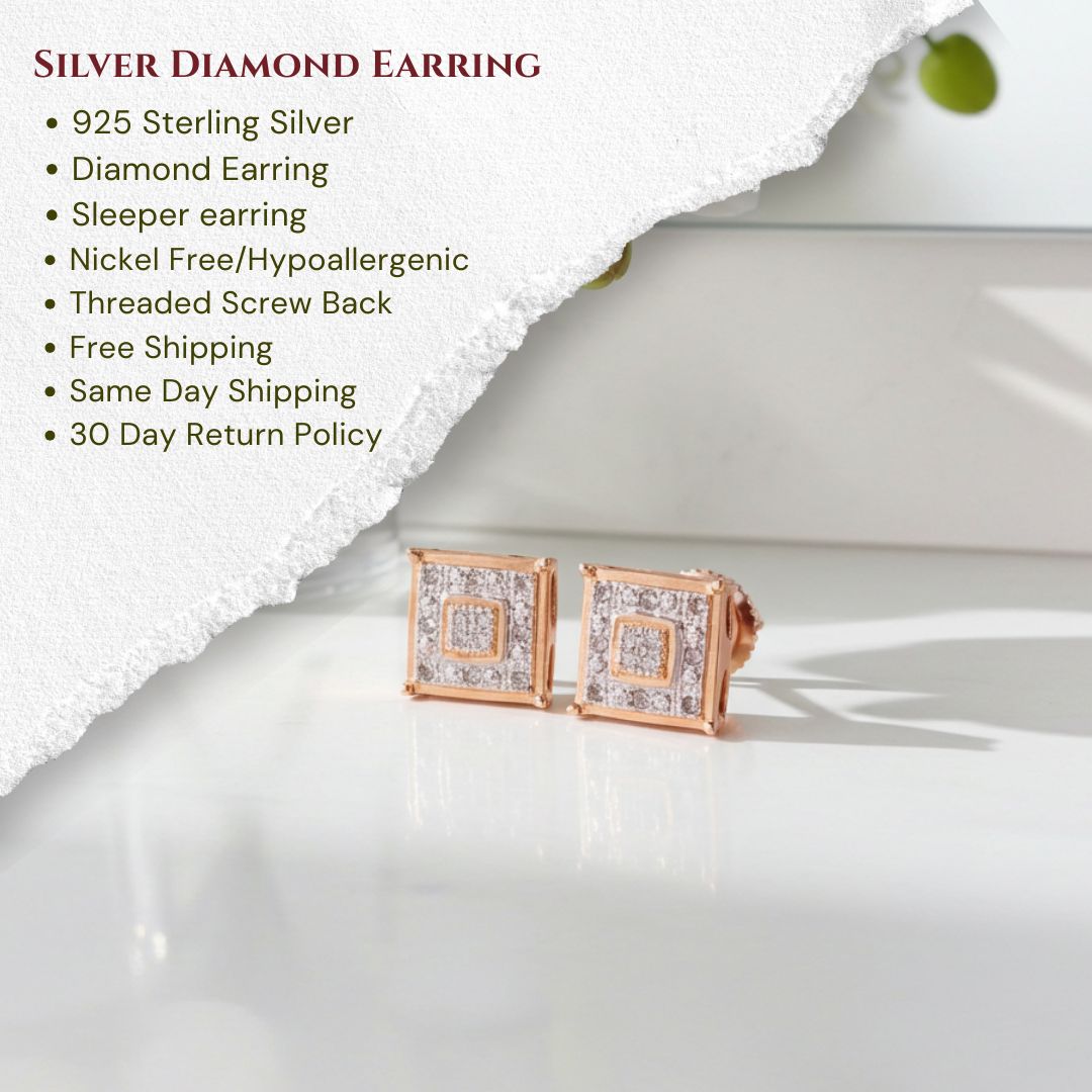 King of Blings-0.05ct Diamond 925 Sterling Silver Yellow Stud Women's & Men's Square Earrings