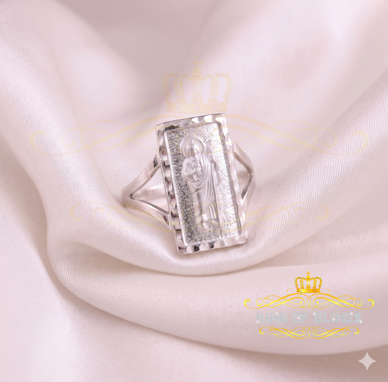 KING OF BLINGSCatholic White 925 Sterling Silver St Jude Fancy Women's Religious Ring SZ 7.5