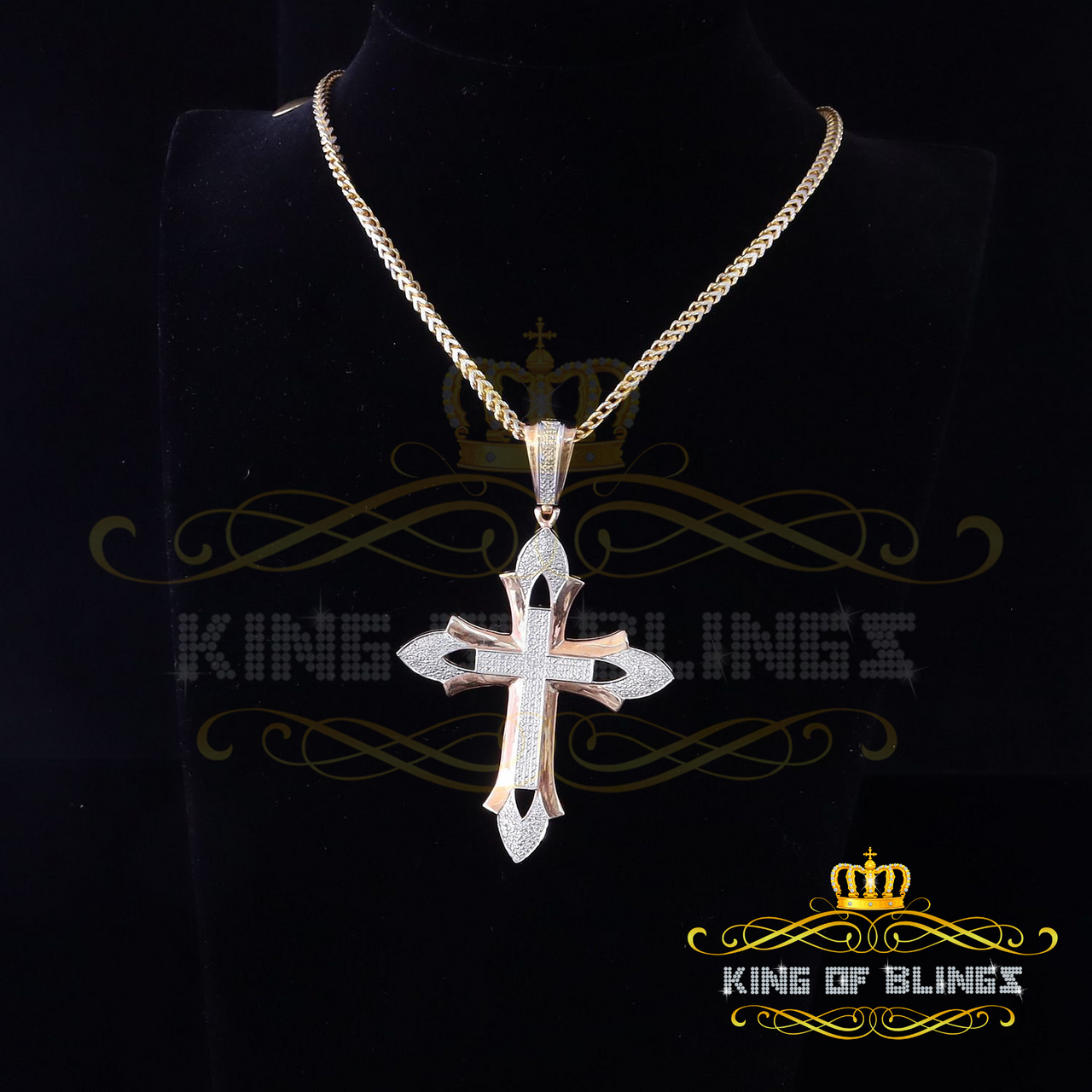 King Of Bling's Sterling Silver Rose Gold 0.50CT Real Diamond CROSS Charm Necklace Rose Pendant