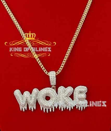 Yellow Sterling Silver "WOKE" Gridding Shape Pendant 16.41ct Cubic Zirconia KING OF BLINGS