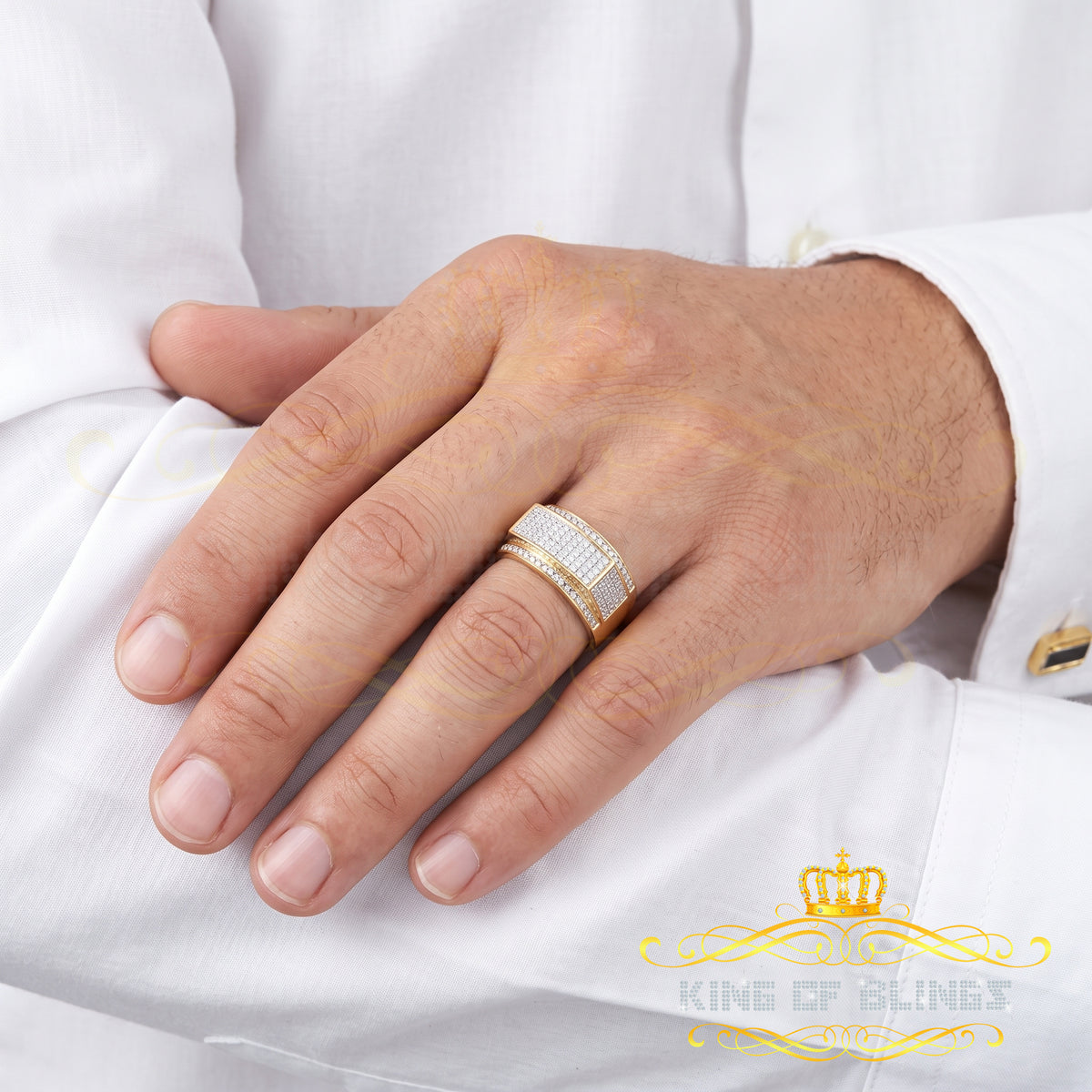 King Of Bling's Trendy Real Micro Diamond Men's 0.33ct 925 Silver Yellow Band Style Ring Size 10 KING OF BLINGS