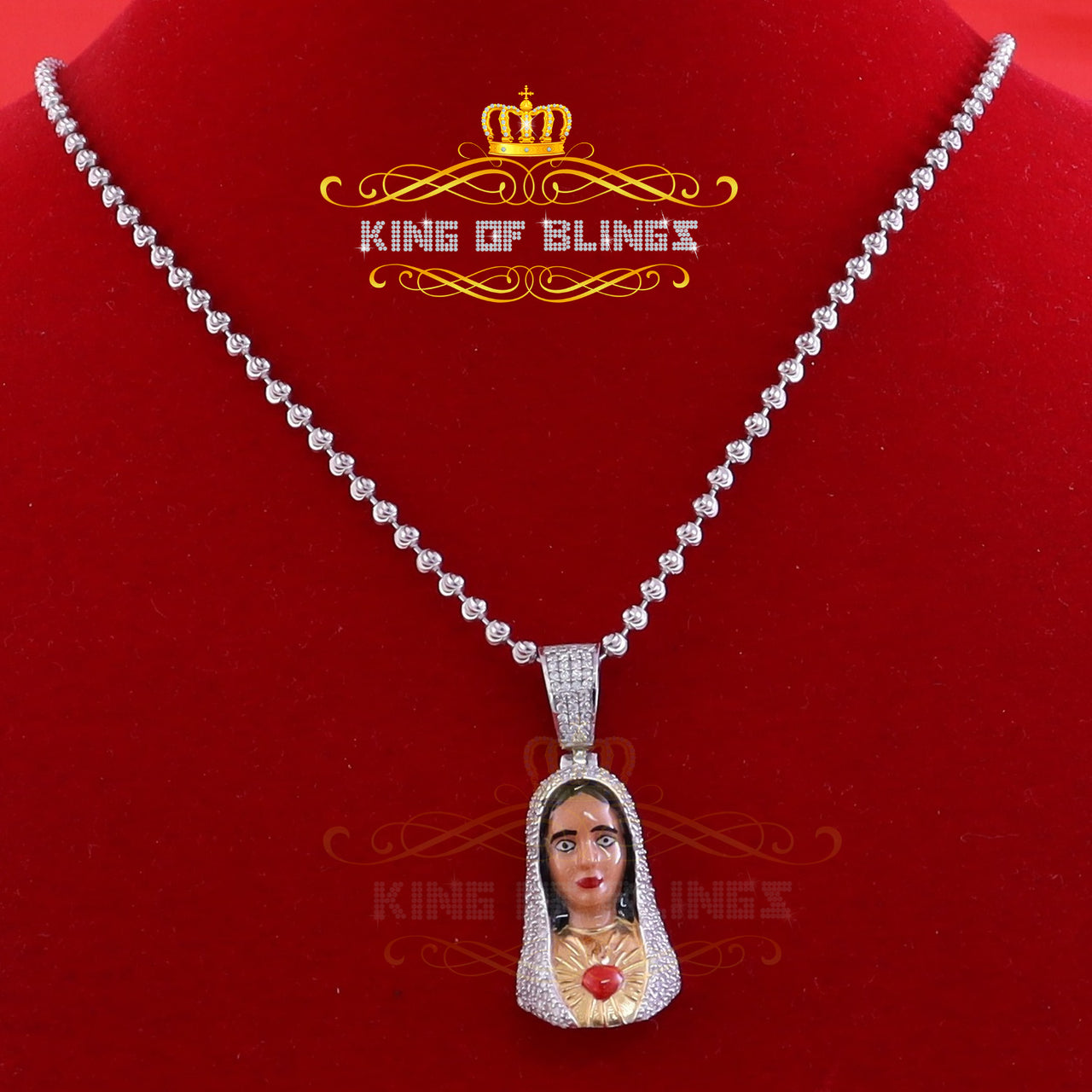 King Of Bling's 925 Silver White Immaculate Heart MOTHER MARY 1.70 inch Pendant 3ct Moissanite KING OF BLINGS