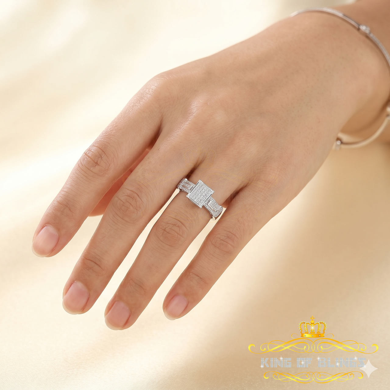 King Of Bling's 925 Sterling White Silver Square Ring Size 7 With 0.20CT Real Diamond For Womens