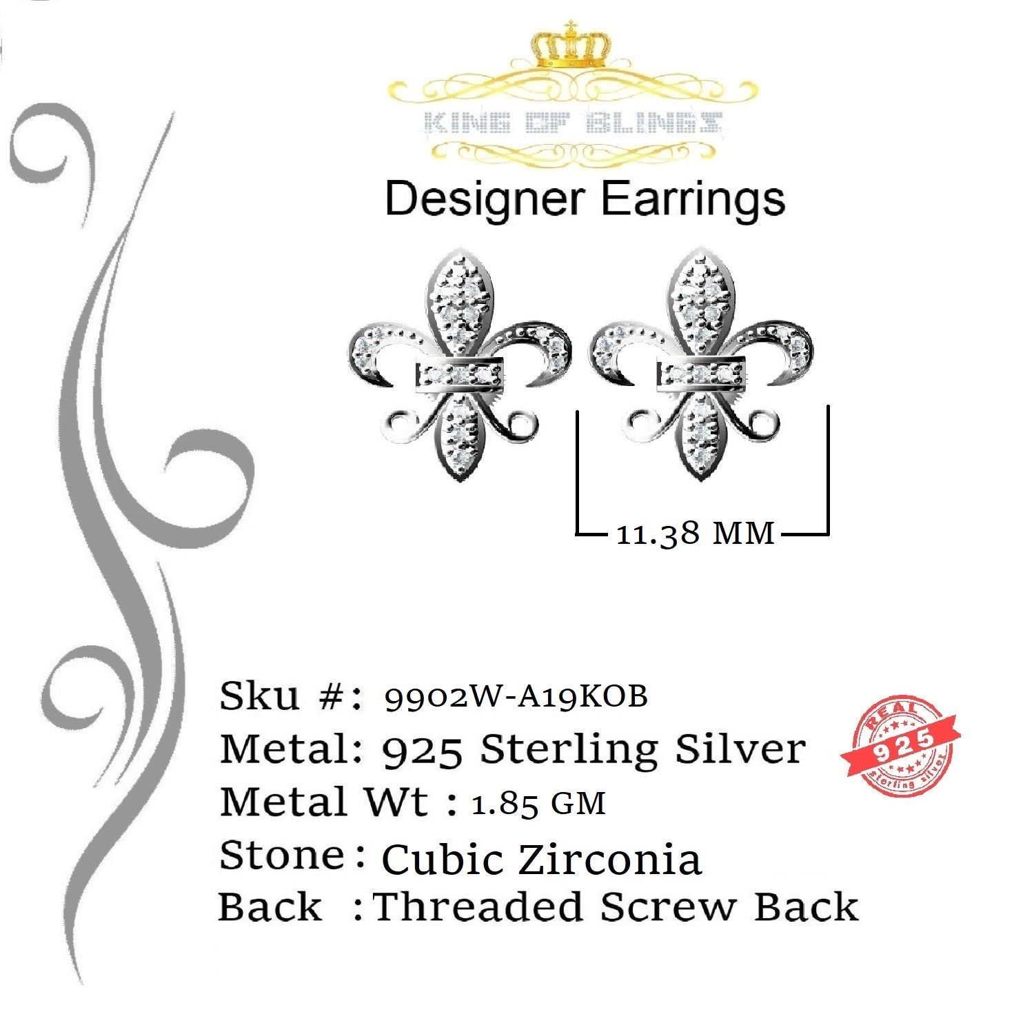 King of Blings- White 0.35ct Cubic Zirconia 925 Silver Men's & Women's Fleur de Lis Earrings KING OF BLINGS