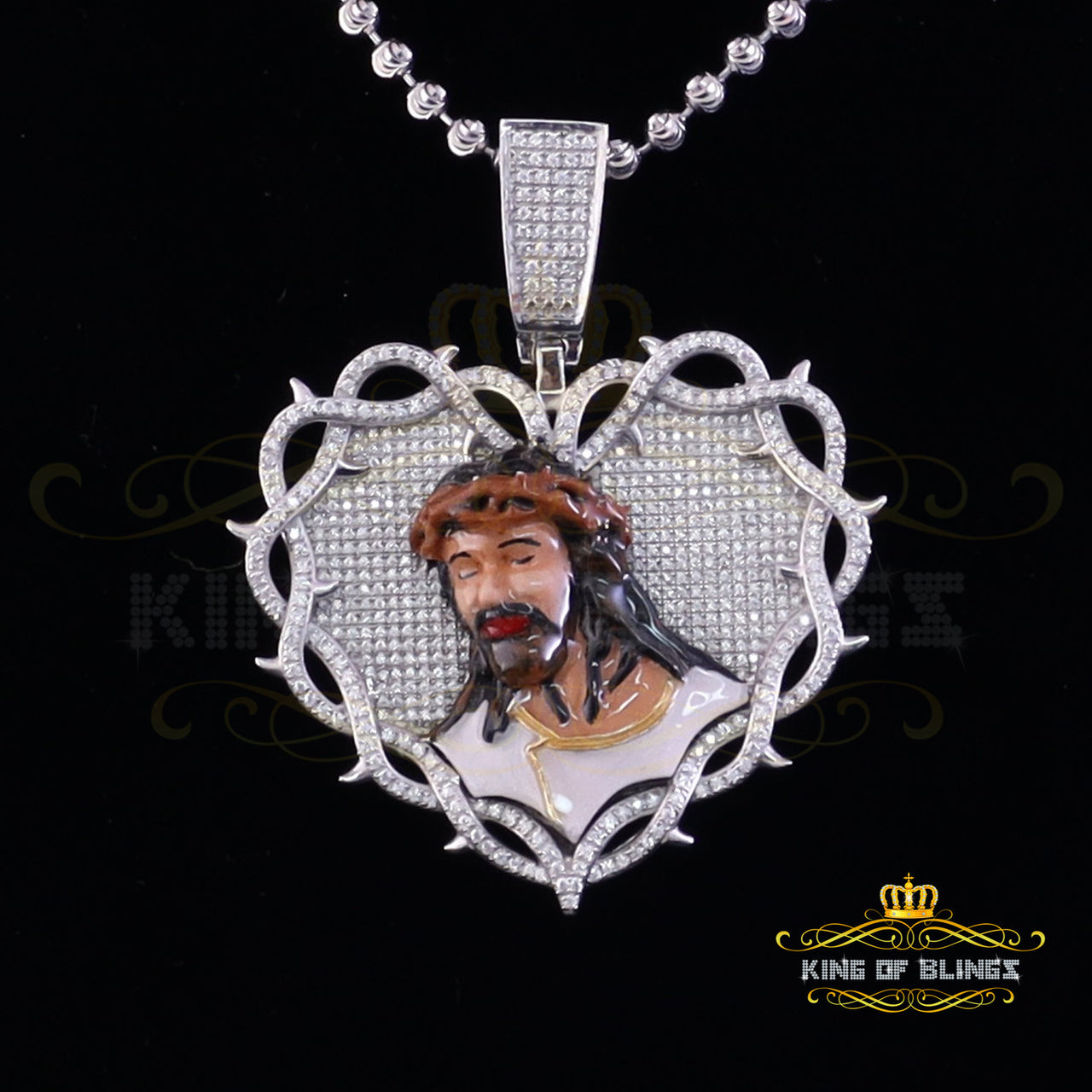 King Of Bling's 925 Sterling Silver Beautiful 2.00ct Moissanite White Heart Thorn Jesus Pendant KING OF BLINGS