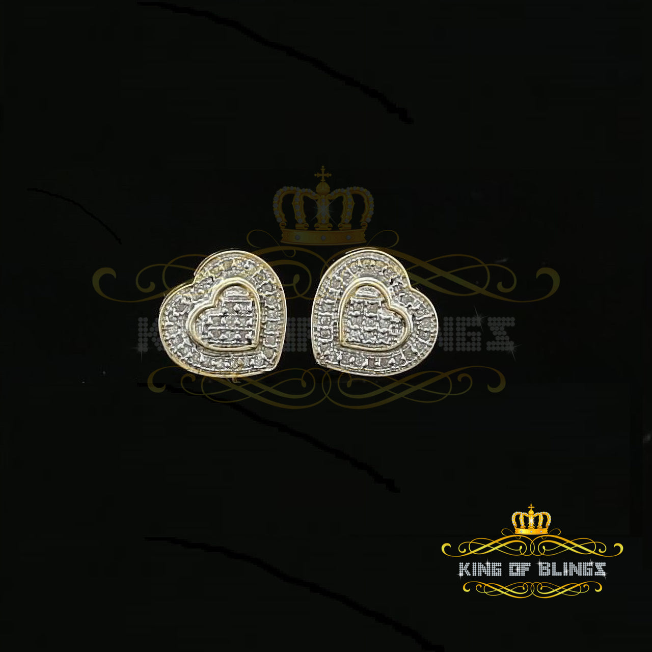 King Of Bling's 10K Real Yellow Gold Real Diamond 0.15CT Men's/Women's Stud Micro Heart Earring KING OF BLINGS
