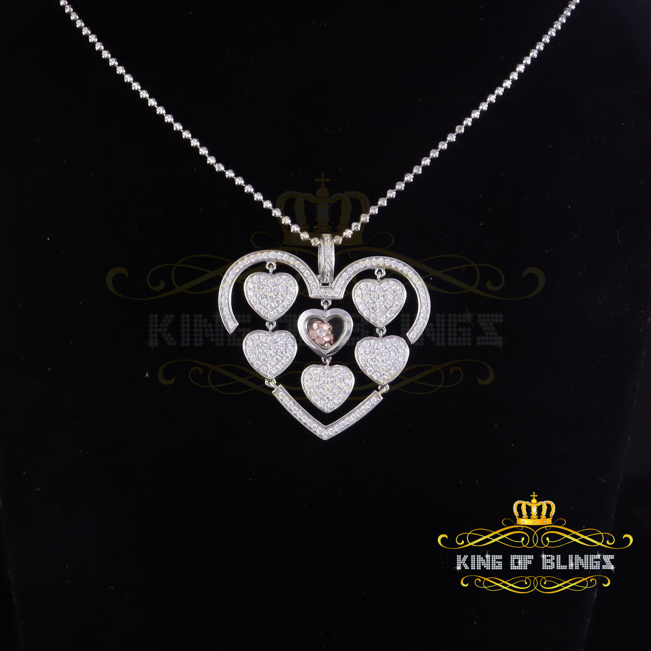 King Of Bling's Many White Hearts Sterling Silver Floating Pendant Iced Out with Cubic Zirconia