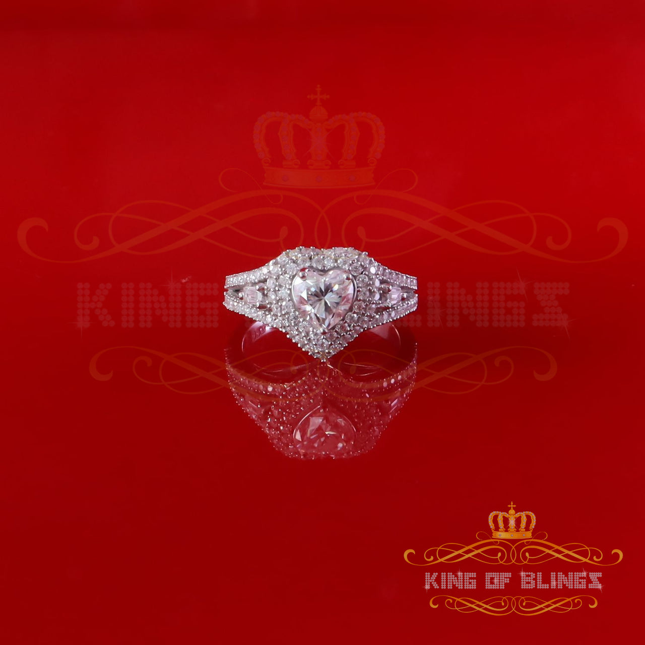 King of Bling's Heart Ring Size7 for Women White Silver 1.50ct VVS D with HEART Moissanite Stone