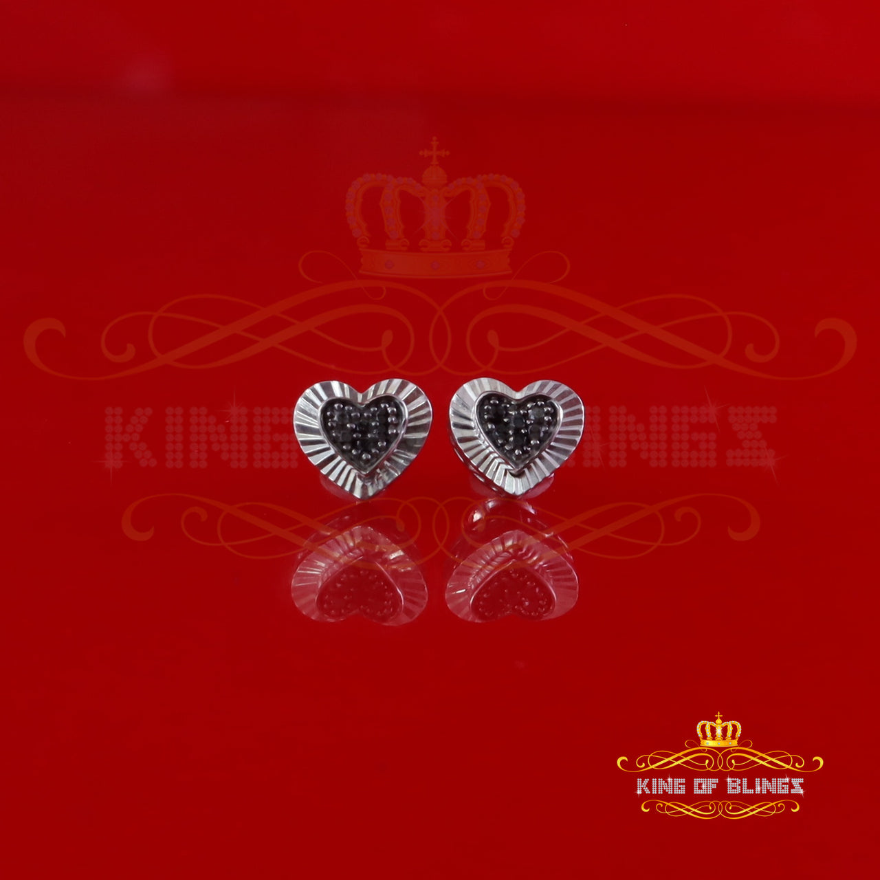 King Of Bling's Heart 925 White Silver 0.12ct Black Diamond Women's /Men's Fashion Earrings KING OF BLINGS