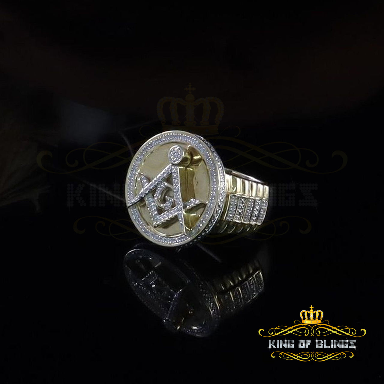 King Of Bling's 0.25ct Real Diamond Men's Silver 925 Yellow Adjustable Ring From Size 10 to 12