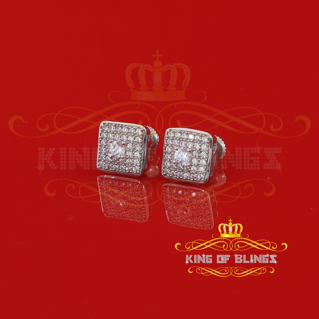 King of Bling's White 925 Silver 0.81ct Cubic Zirconia Women's & Men's Hip Hop Square Earrings