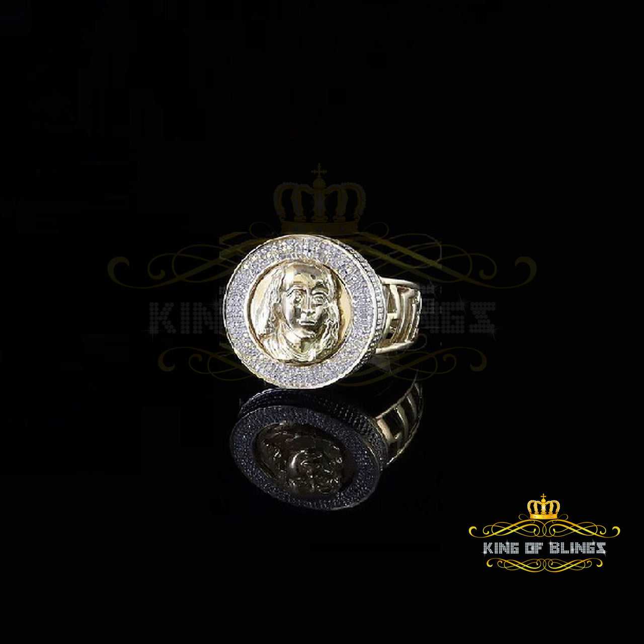 King Of Bling's Men's 0.40CT Silver Diamond Yellow Silver Round Adjustable Ring From SZ 10 to 12