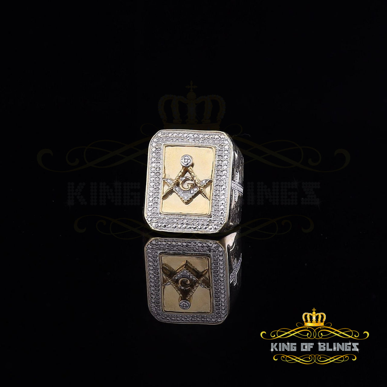 King Of Bling's Real 0.20CT Diamond Masonic 925 Yellow Sterling Silver Men's Big Ring Size 10