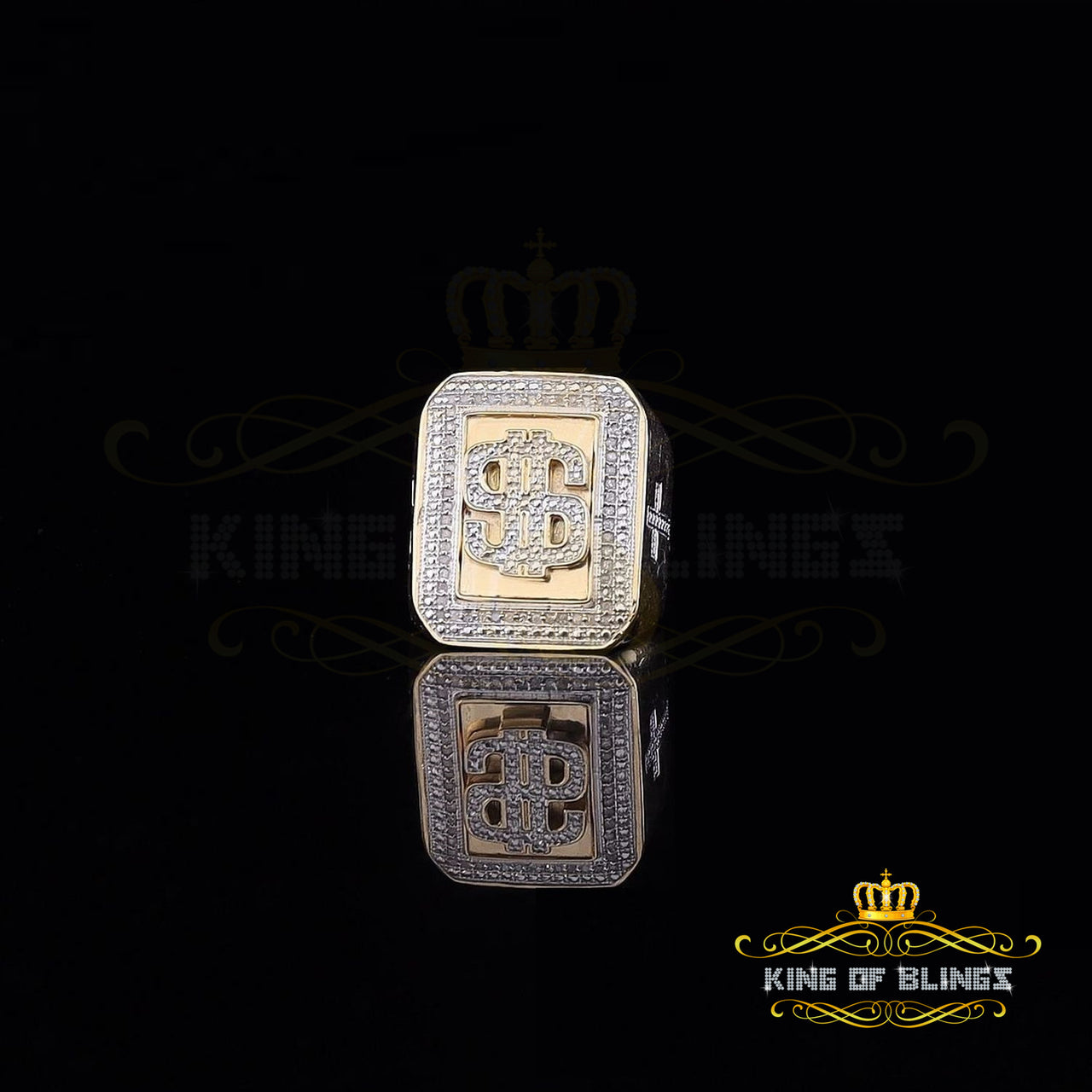 King Of Bling's Real 0.33 CT Diamond Men's 925 Silver Yellow Adjustable Ring From Size 10 to 12