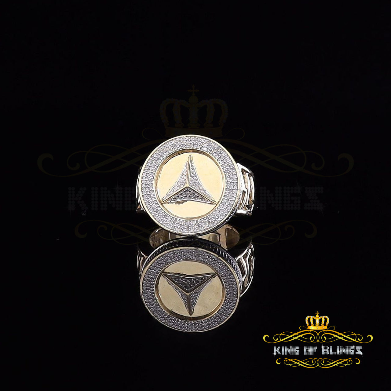 King Of Bling's Real 0.40CT Diamond Round Men's silver Yellow Adjustable Ring From SZ 10 to 12