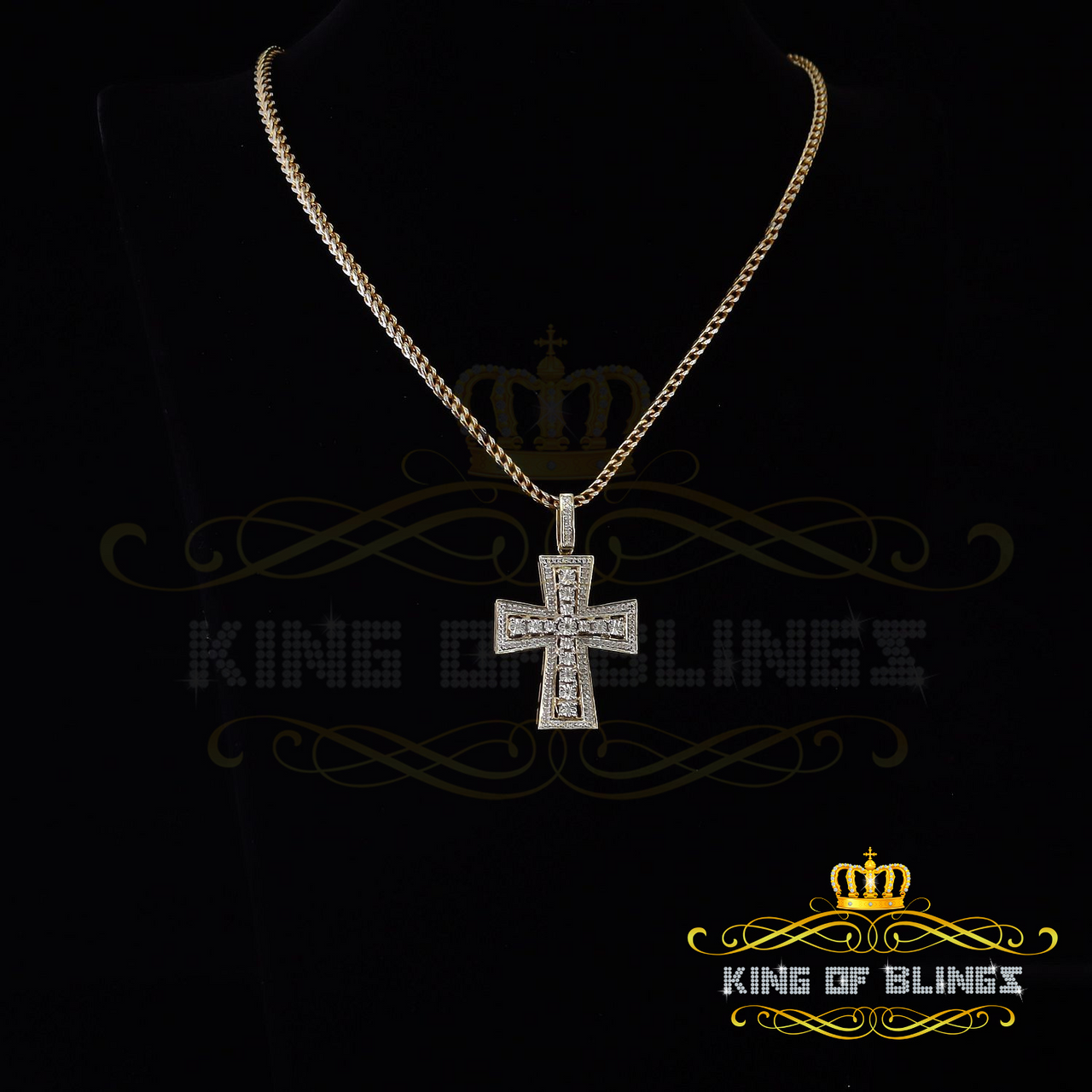 King Of Bling's Real 0.33ct Diamond 925 Sterling Silver Cross Charm Necklace Yellow Pendant