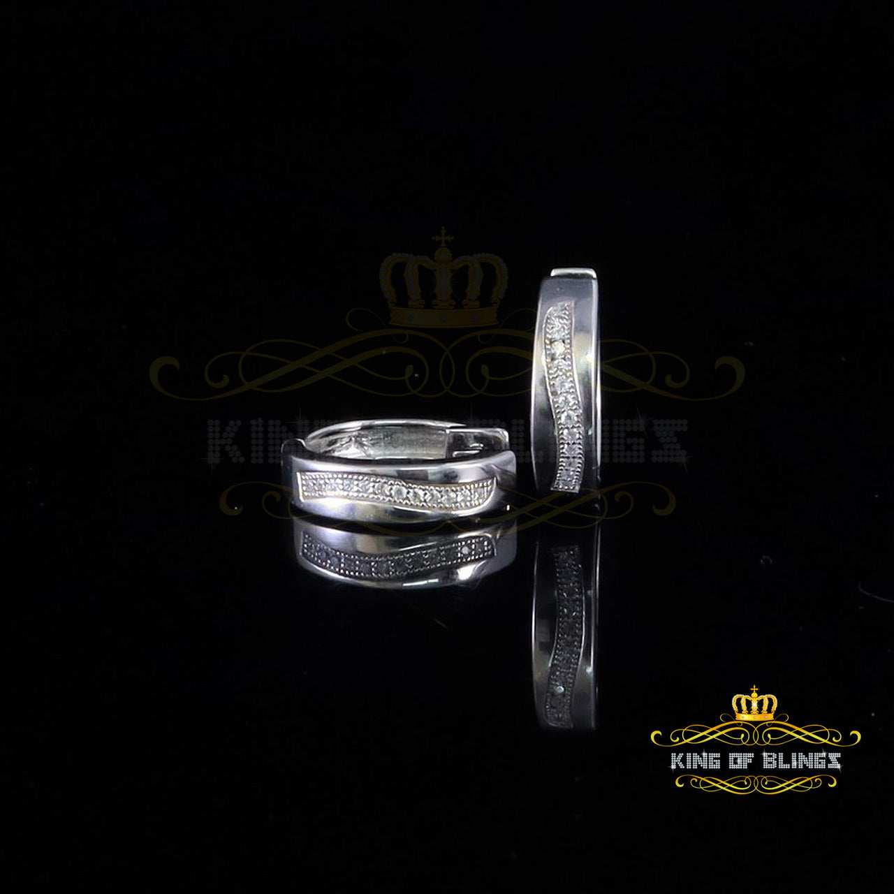 King of Bling's Mens hip hop white Gold 925 Sterling Silver Iced 1 row Huggie Hoop earrings