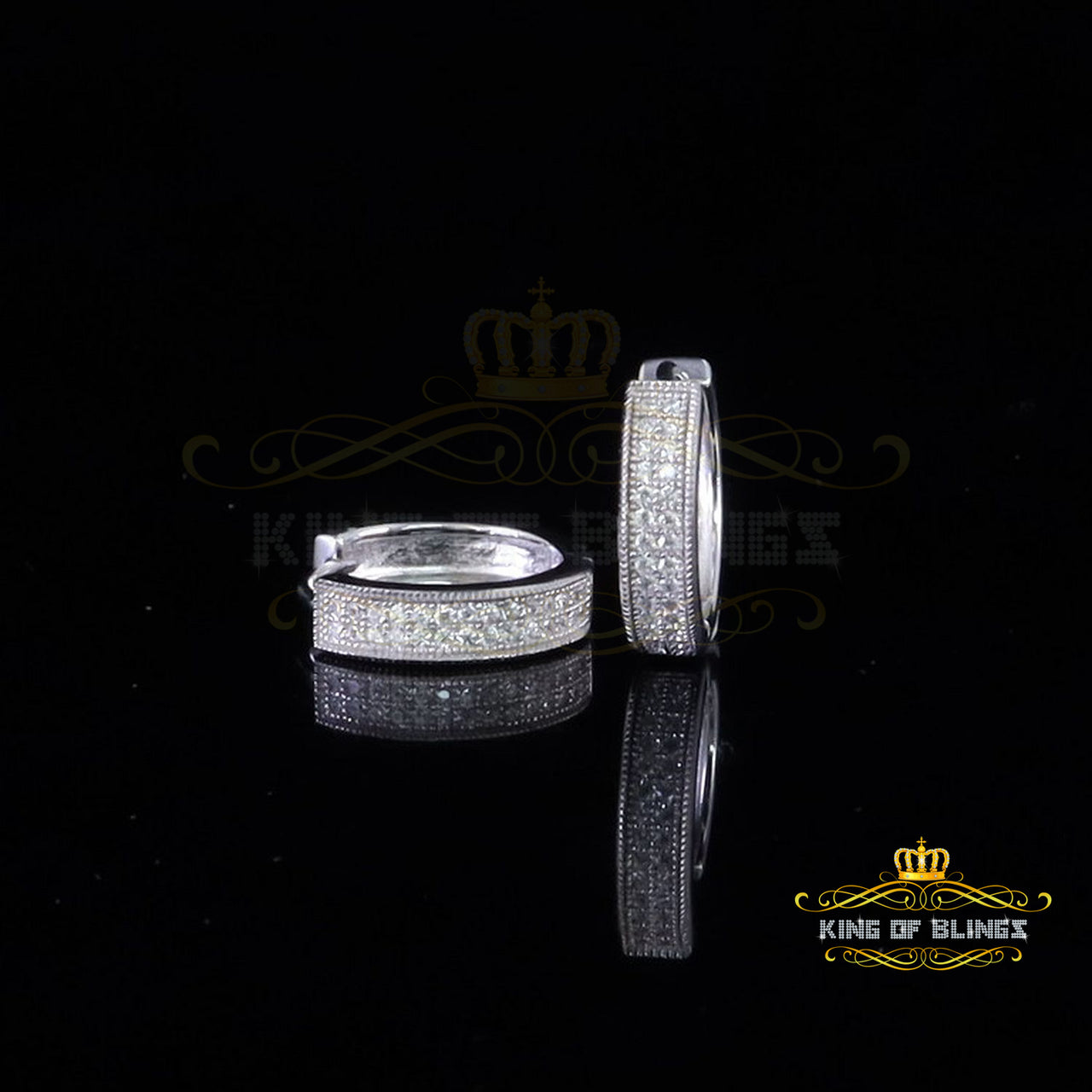 King of Bling's Mens hip hop white Gold 925 Sterling Silver Iced 2 row Huggie Hoop earrings