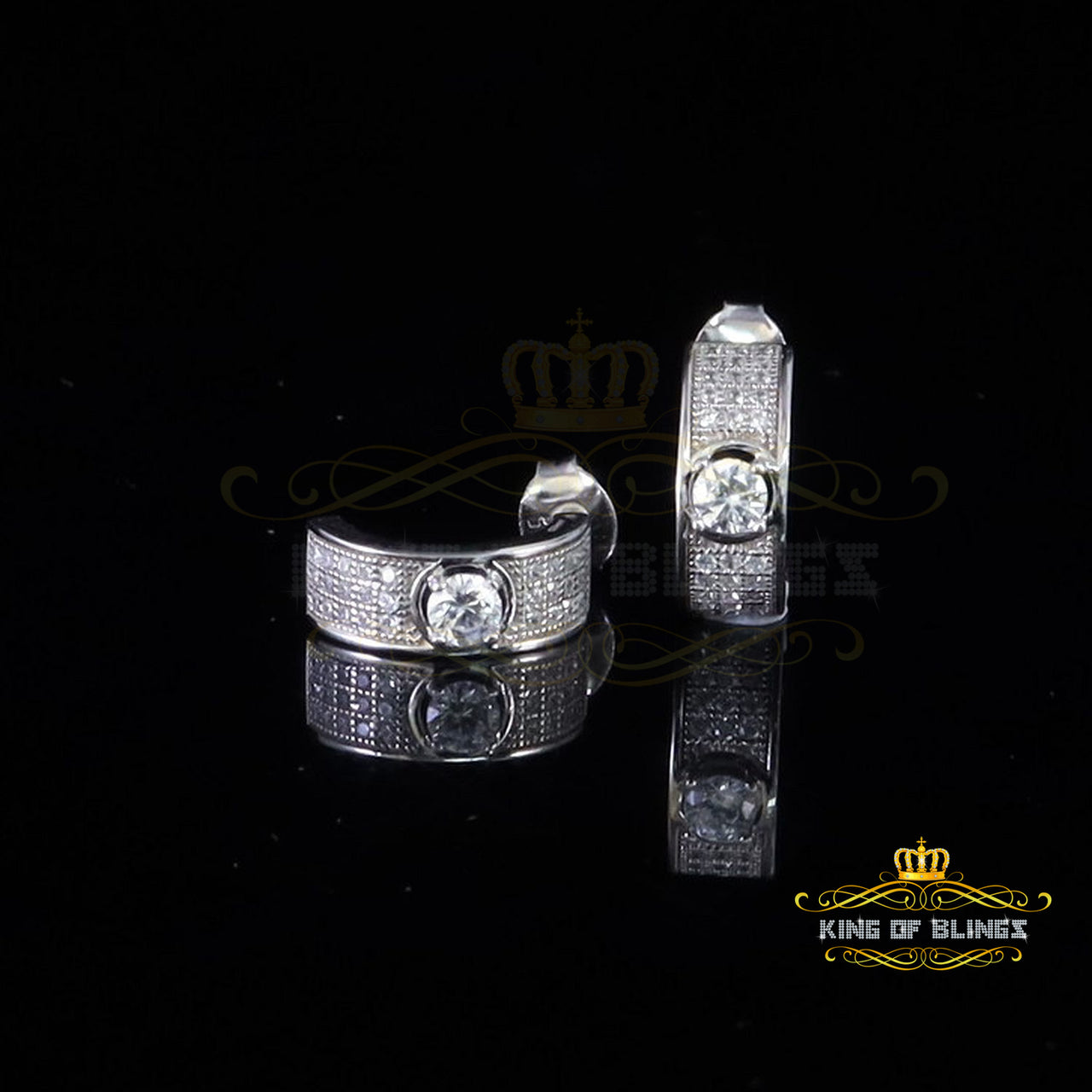 King of Bling's Hip hop Mens white Gold 925 Sterling Silver Iced 2 row Huggie Hoop earrings