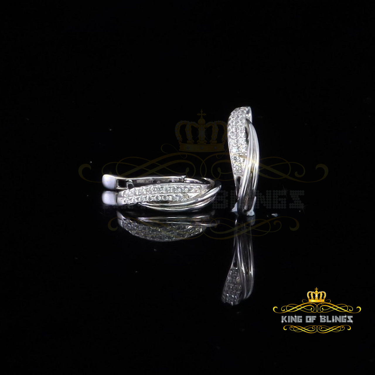 King of Bling's white Gold 925 Sterling Silver Mens Hip Hop Iced 2 row Huggie Hoop Earrings
