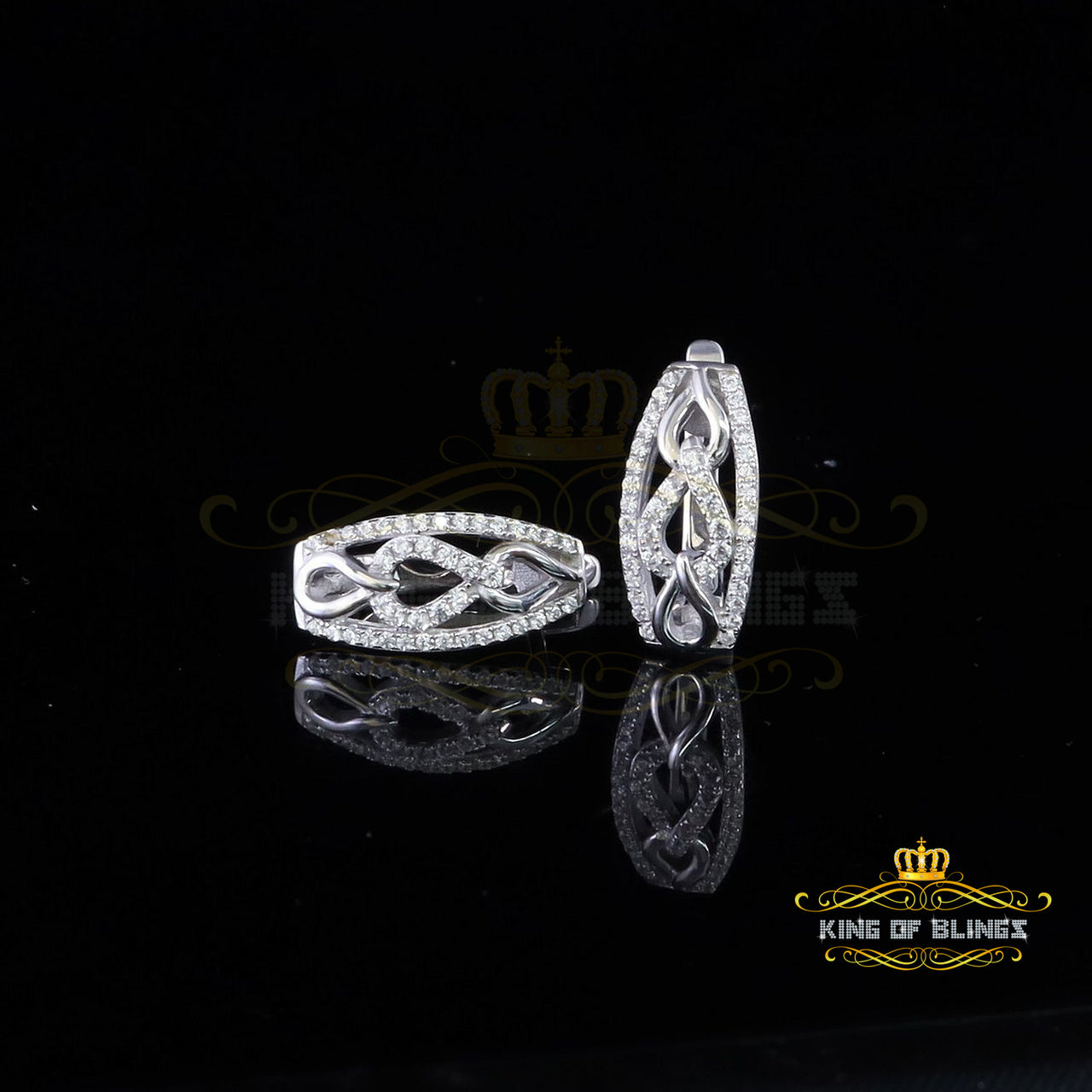 King of Bling's Iced 2 row Huggie Mens hip hop white Gold 925 Sterling Silver Hoop earrings