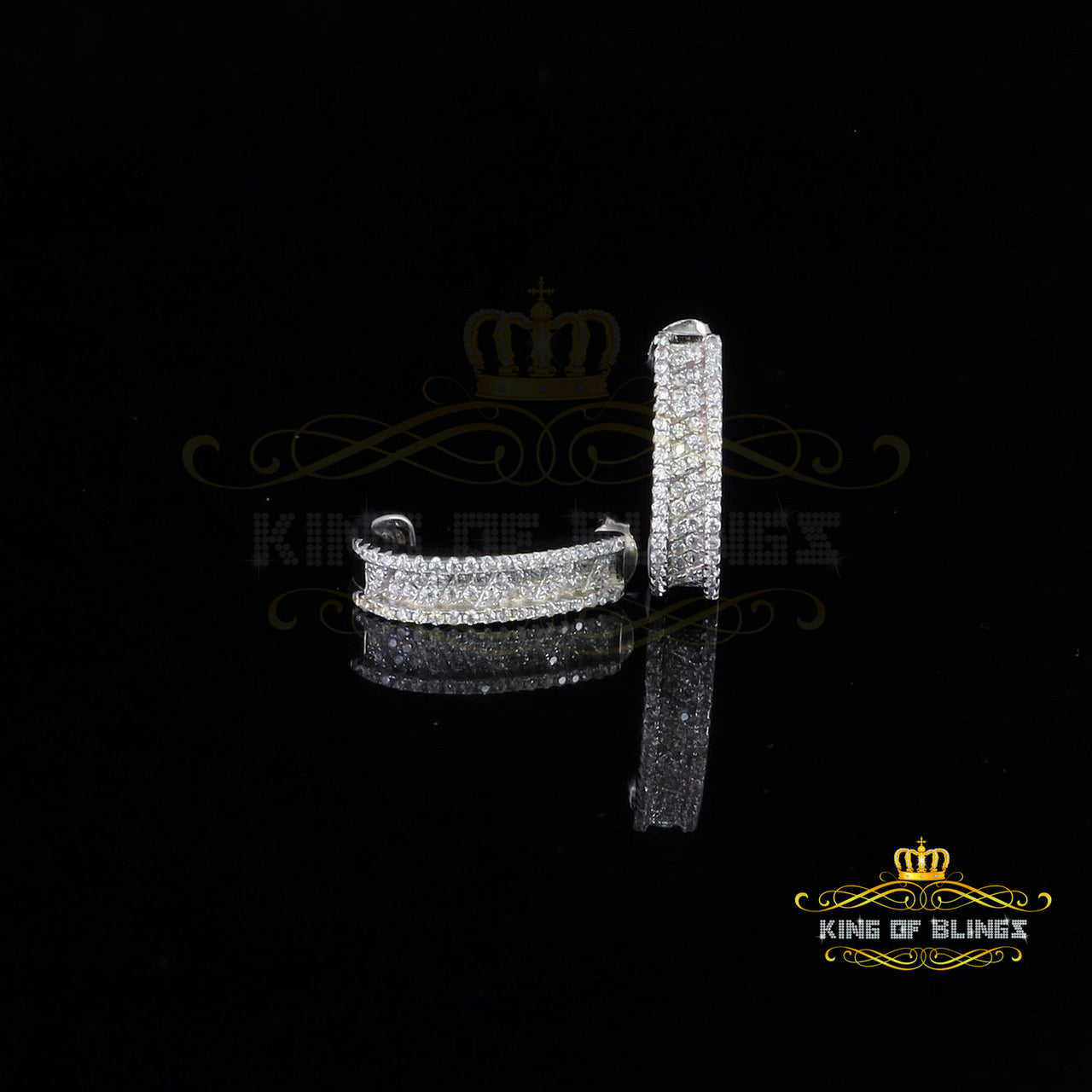 King of Bling's 925 Sterling Silver Mens hip hop white Gold Iced 3 row Huggie Hoop earrings