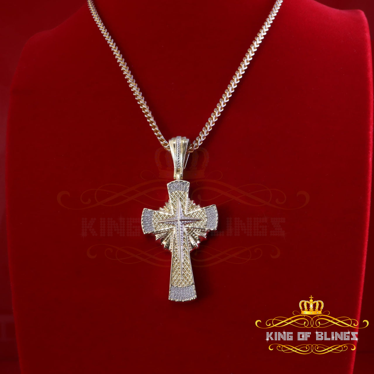 King Of Bling's Real 0.33ct Diamond 925 Sterling Silver Cross Charm Necklace Yellow Pendant