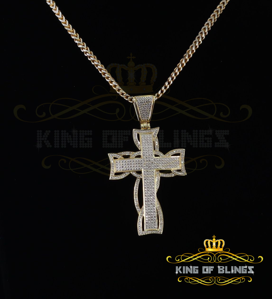 King Of Bling's 0.33ct Diamond 925 Sterling Silver Fancy Cross Charm Necklace Yellow Pendant