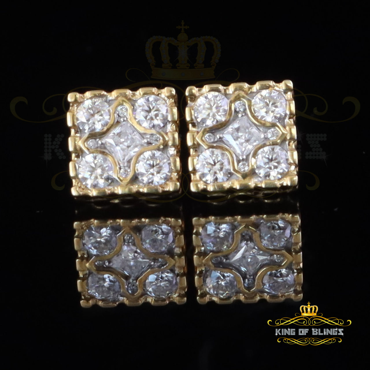 King of Bling's Yellow Silver 1.00ct VVS 'D' Moissanite Square Shape Earrings Men's/Womens KING OF BLINGS
