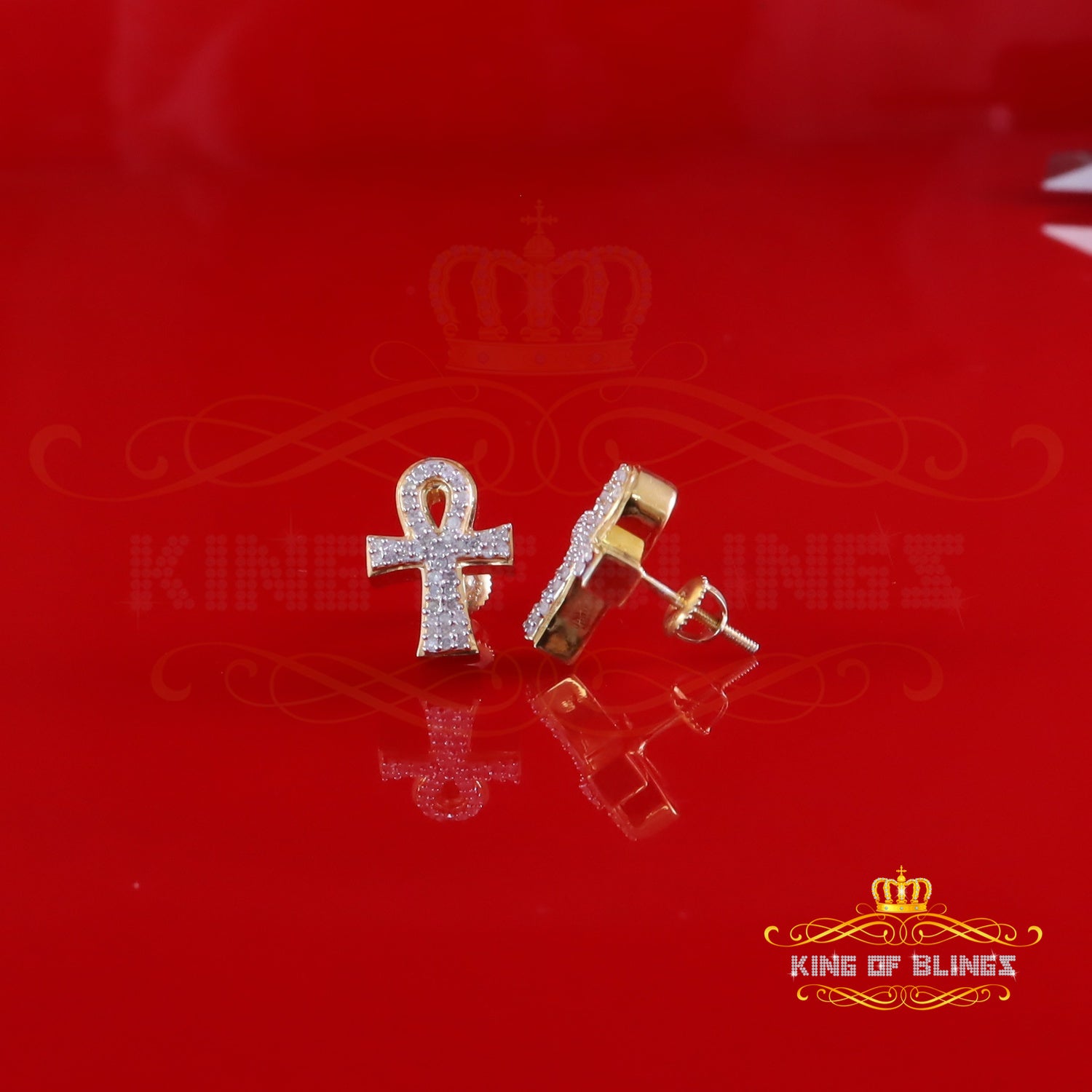 King of Blings-0.40ct Diamond 925 Sterling Silver Yellow for Men's & Women Stud ANKH Earring King of Blings