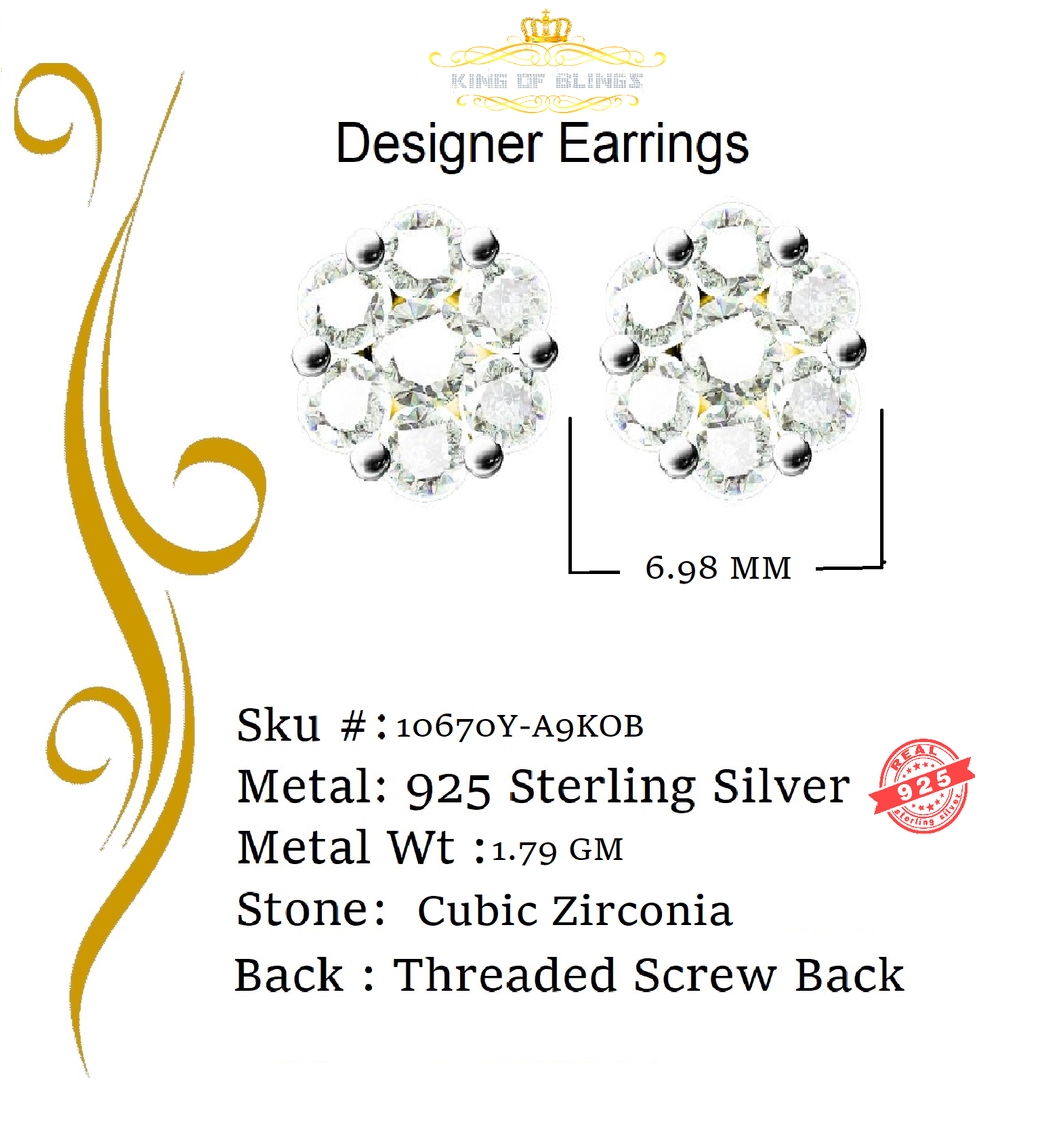 King of Bling's 925 Yellow Silver Sterling 2.06ct Cubic Zirconia Hip Hop Floral Women's Earrings KING OF BLINGS