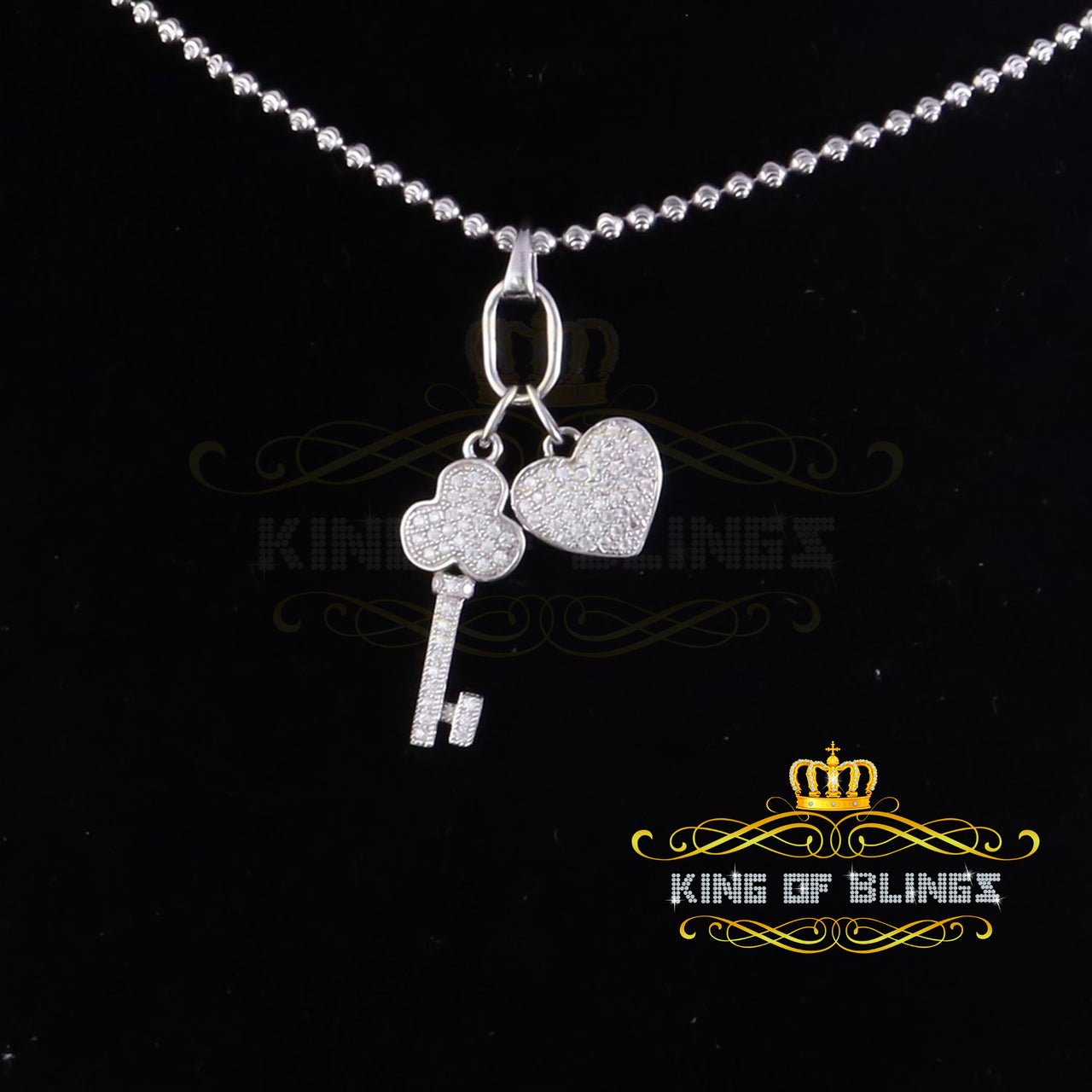 King Of Bling's Women's Heart Key White Sterling Silver Shape Pendant with 0.50ct Cubic Zirconia