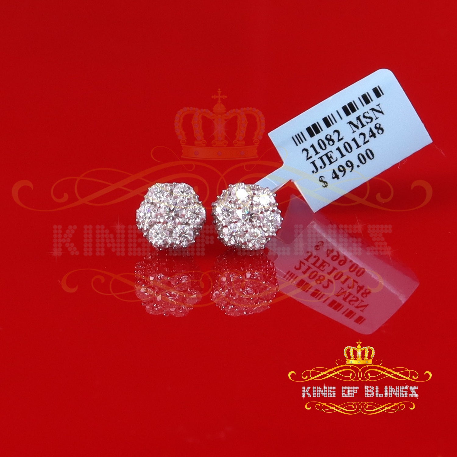 King of Bling's 925 Silver White 1.50ct VVS 'D' Men's & Womens Moissanite Floral Stud Earrings KING OF BLINGS