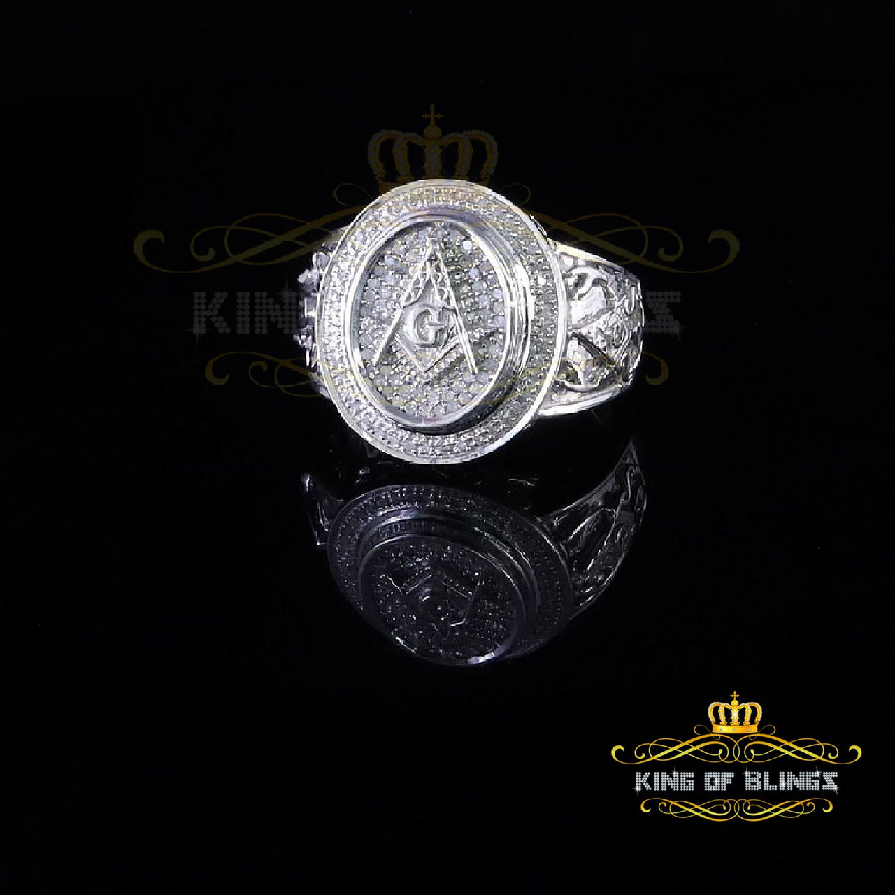 King Of Bling's 0.33 CT Real Diamond Men's 925 Sterling Silver Masonic White Ring With Size 10